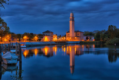 Reflection of illuminated buildings in city at night