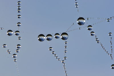 Close-up of water drops against blue sky