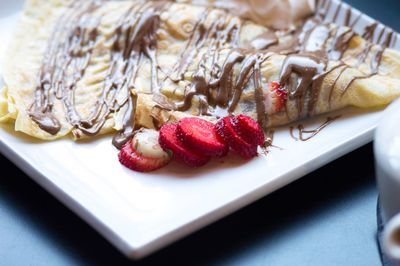 High angle view of dessert in plate on table