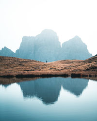 Scenic view of lake and mountains against clear sky