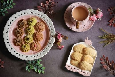 High angle view of tea served on table