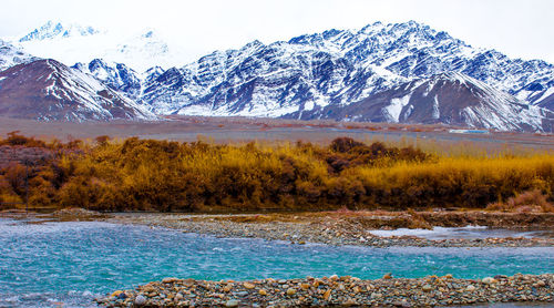 Scenic view of snowcapped mountains and lake against sky