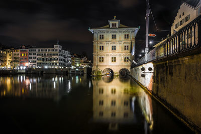 Reflection of city in water at night