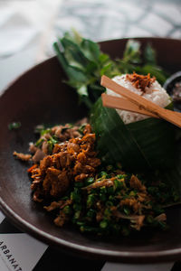 High angle view of food in plate