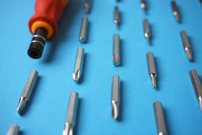 High angle view of objects on table