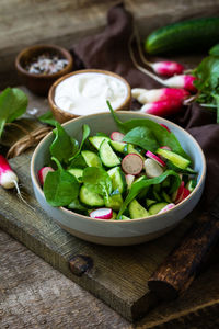 High angle view of salad in bowl on table