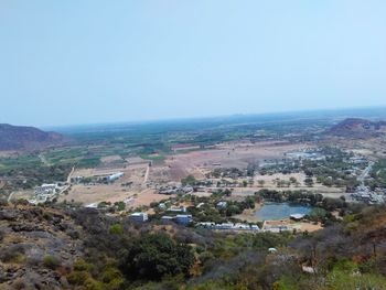 High angle view of city against clear sky