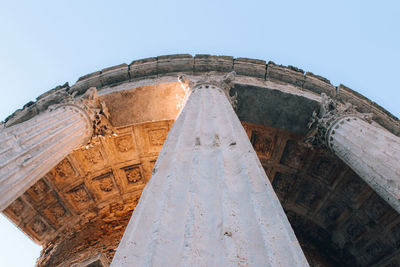 Low angle view of old building against clear blue sky