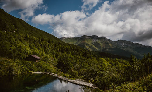 Scenic view of lake and mountains against sky