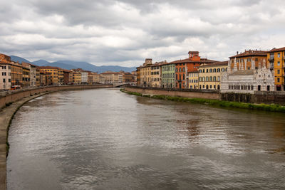 View of buildings by river against cloudy sky