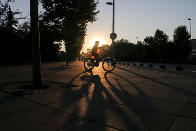 Man riding bicycle on street in city at sunset