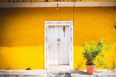 Closed yellow door of building