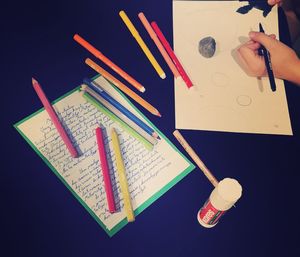 High angle view of multi colored pencils on table