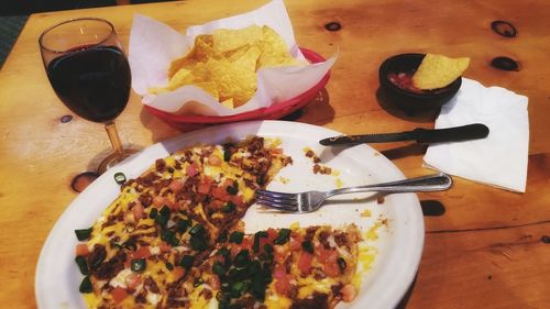 High angle view of food served on table