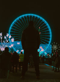 Rear view of silhouette people watching illuminated ferris wheel