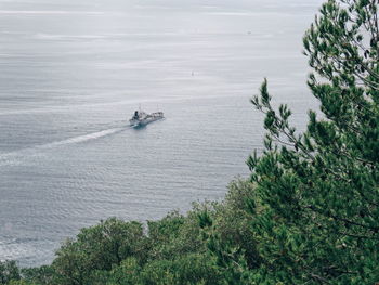 High angle view of boat sailing on sea