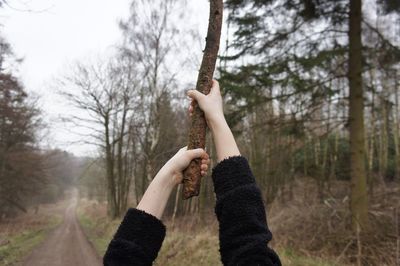 Cropped image of woman holding branch while standing on footpath