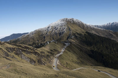 Scenic view of mountains against clear blue sky