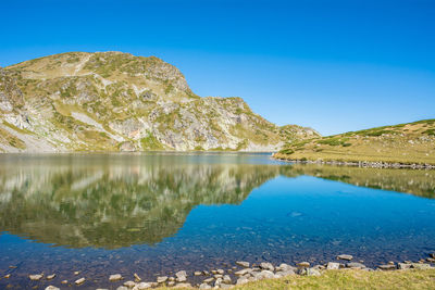 Scenic view of lake against clear blue sky