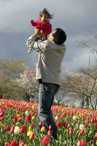 Playful father lifting daughter while standing amidst tulips blooming on field