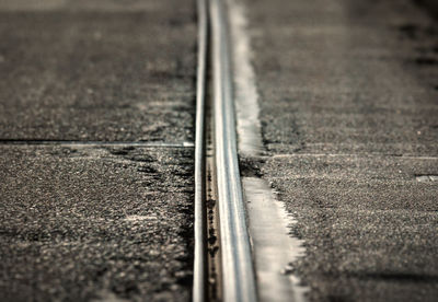 Surface level of railroad track at night