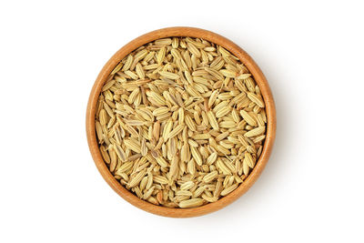 Directly above shot of bread in bowl against white background