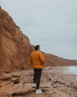 Rear view of man standing on rock against sky