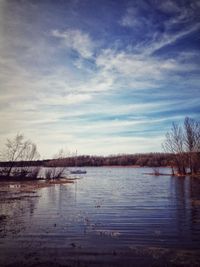 Scenic view of lake against cloudy sky