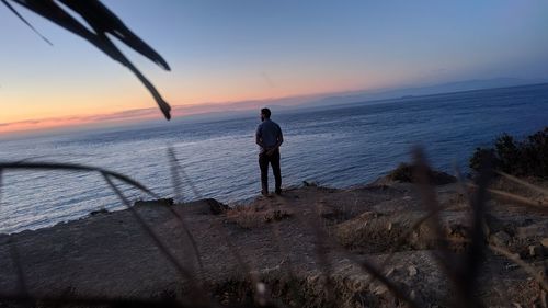 Rear view of man looking at sea during sunset