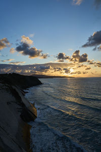 Scenic view of beach against sky during sunset