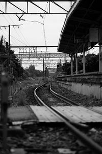 Railroad tracks seen through train windshield