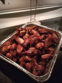 High angle view of meat in container