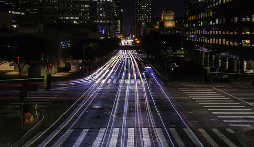 High angle view of railroad tracks at night