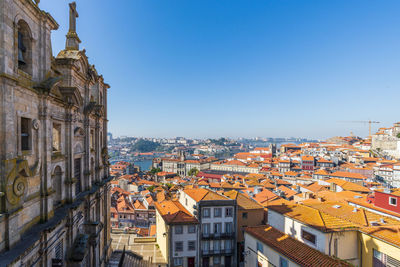 High angle view of townscape against clear sky