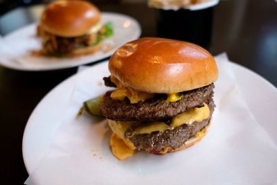 Close-up of burger in plate on table