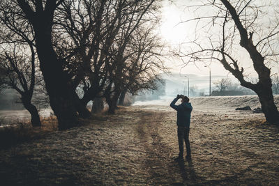 Man photographing bare trees in forest