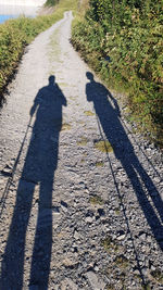 Shadow of man on dirt road