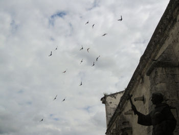 Low angle view of birds flying against sky