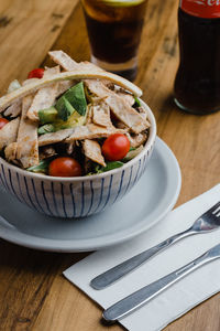 High angle view of food in bowl on table