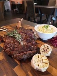 Close-up of food served on table