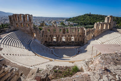 High angle view of old ruins against sky