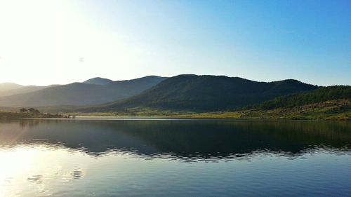 Scenic view of lake and mountains against clear sky