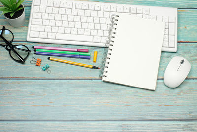 High angle view of books on table