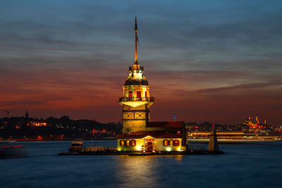 Illuminated building against sky during sunset