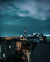 High angle view of illuminated buildings against sky