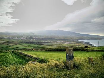 Scenic view of grassy field against cloudy sky