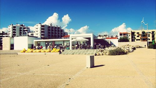 Cafe with terrace facing empty parking lot