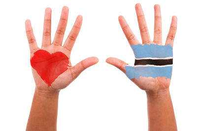 Close-up of human hand against white background