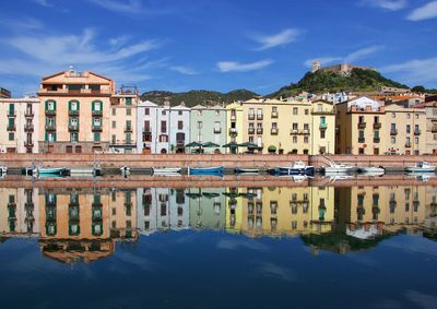 Reflection of buildings on water in city