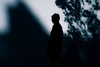 Silhouette of  woman and tree against wall